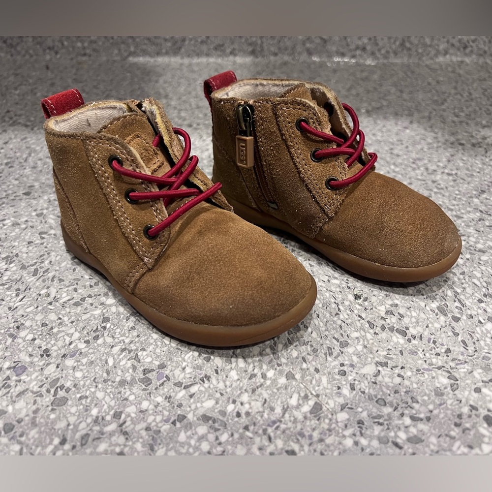 Ugg Boots: Kids Brown Suede Ankle Boots with Red Laces